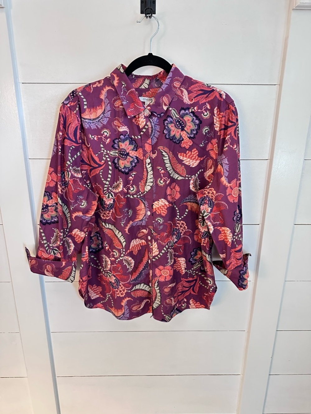 Chicos 16 non-iron paisley cotton spandex plus size button down classic blouse - Picture 2 of 12